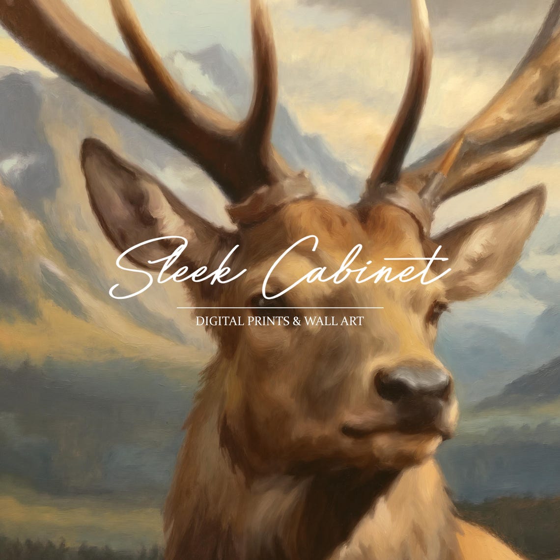 Resting Elk Stag Golden Meadow Mountain Valley Wildlife Art Poster - Image 3