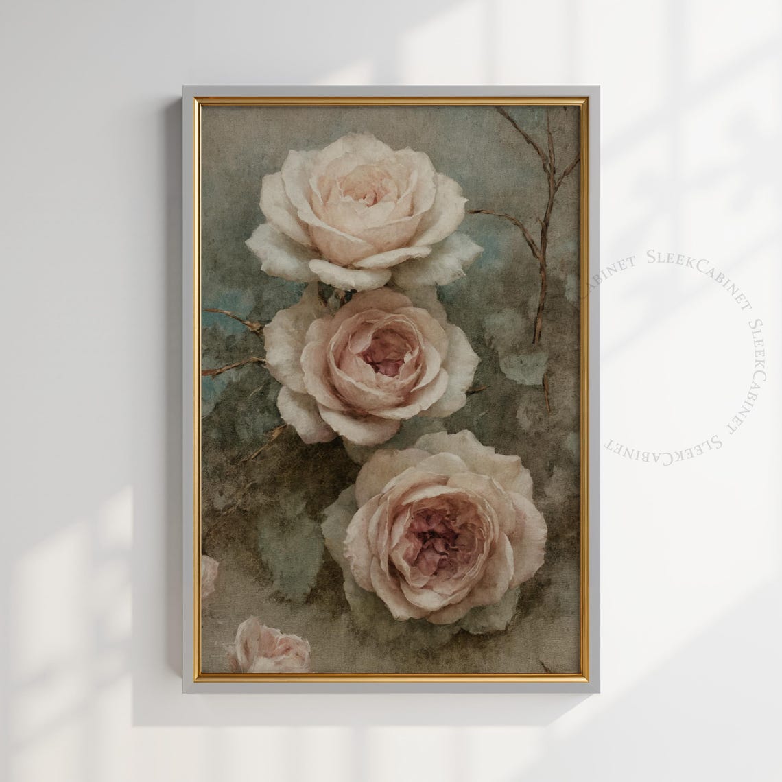 Three Blush Roses in a Row Soft Vintage Floral Painting Poster - Image 2