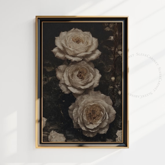 Moody Vintage Flower Print Dark Floral Still Life Oil Painting Dark Academia Wall Art Antique Art Mjbgz1