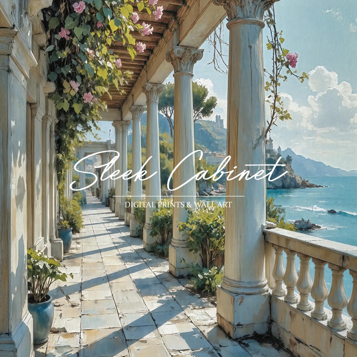 Sunlit Mediterranean Terrace Columns Sea View Vintage Travel Print - Image 4