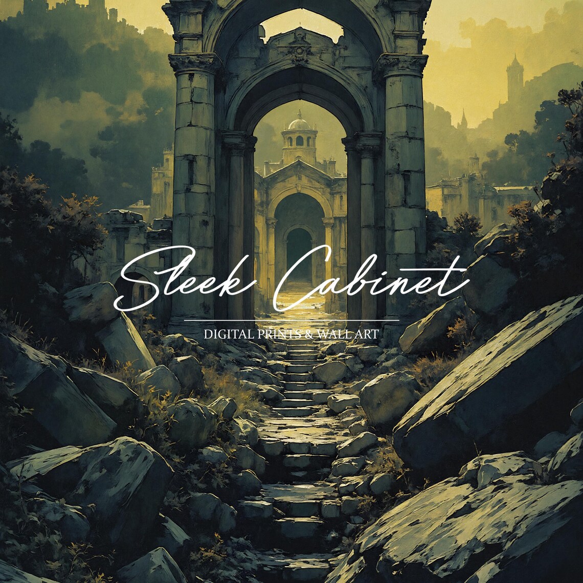 Gothic Cathedral Ruins Archway Golden Dusk Fantasy Art Poster - Image 4