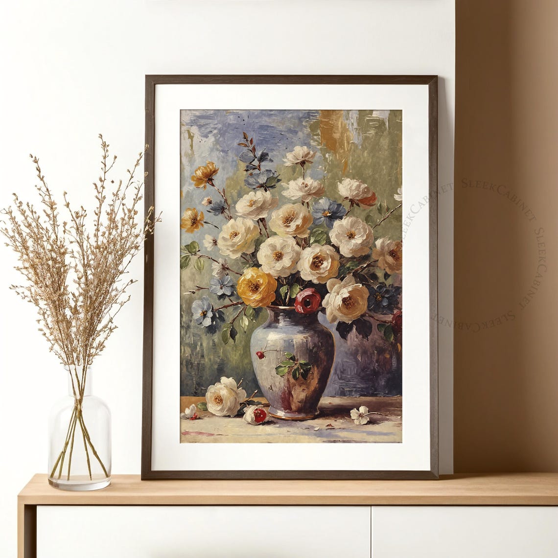 Mixed Bouquet White and Yellow Roses in Vase Vintage Floral Poster - Image 2