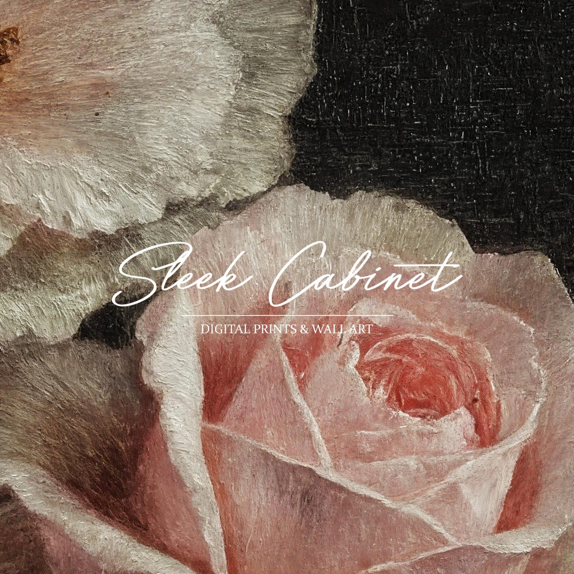 Romantic Pink and White Roses Dark Vintage Floral Still Life Poster - Image 3