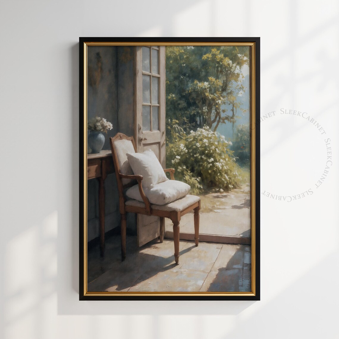 French Country Chair Print, Sunlit Garden Window