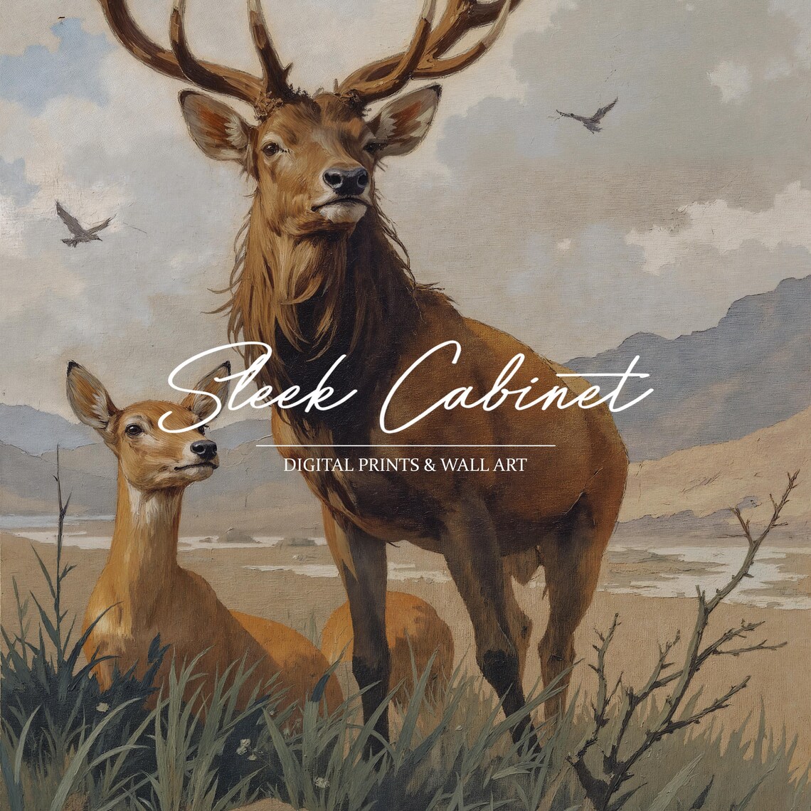 Red Deer Stag and Fawn Highland Meadow Vintage Wildlife Poster - Image 3