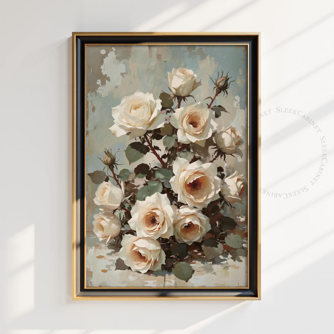 Victorian White Rose Still Life Botanical Oil Painting Floral Poster