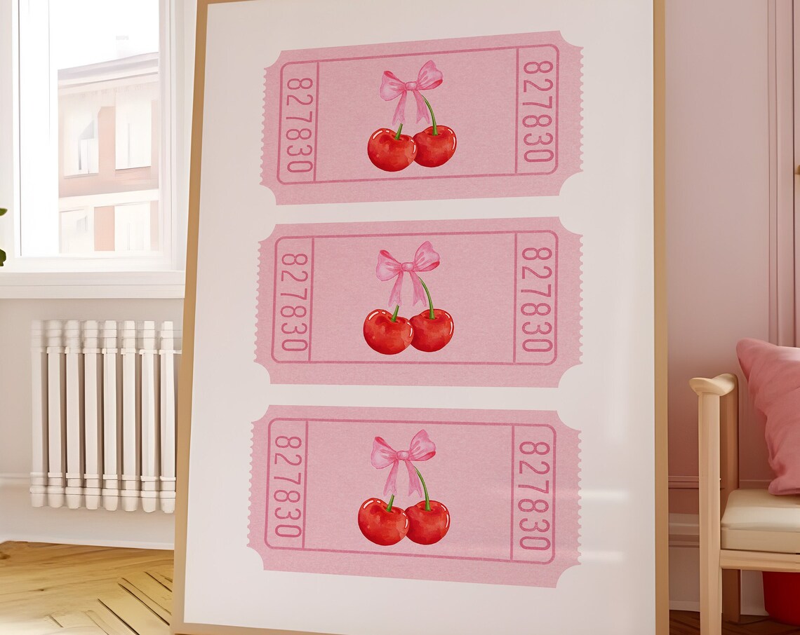 Watercolor Cherry Pink Bow Ticket Stub Coquette Room Decor Poster - Image 5