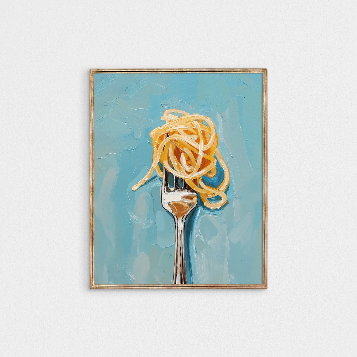 Spaghetti Twirl Fork Oil Painting Blue Kitchen Italian Food Poster