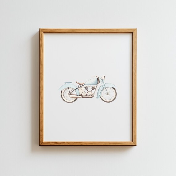 Vintage Blue Travel Boy Nursery Wall Art Motorcycle Print Transportation Prints Boys Room