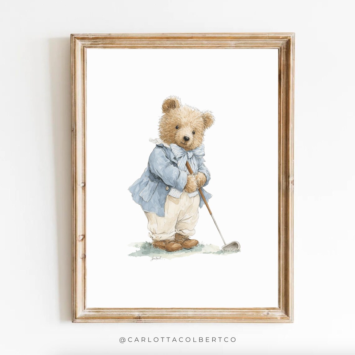 Boy Golf Nursery Art Blue Vintage Decor Grandmillennial Teddy Bear Poster Room
