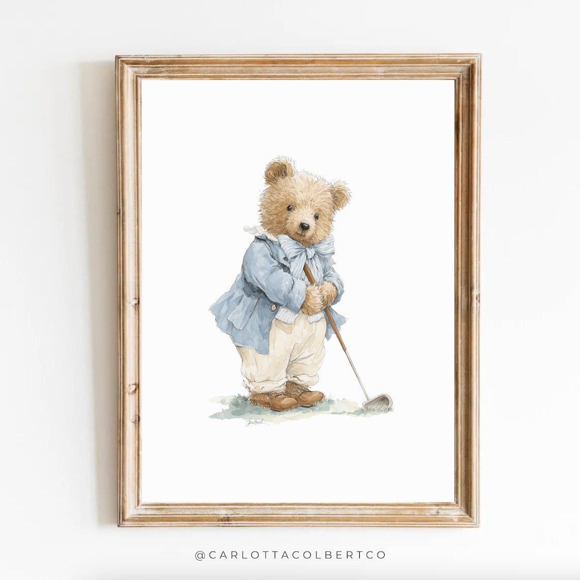 Teddy Bear Golf Club Watercolor Art Print Blue Jacket Nursery Decor