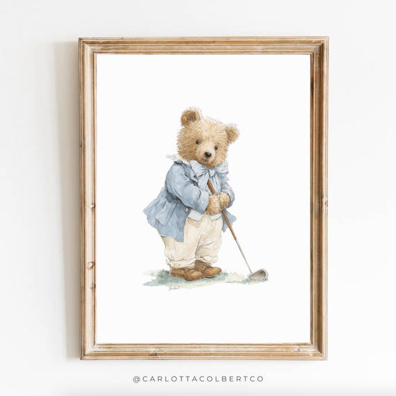 Boy Golf Nursery Art Blue Vintage Decor Grandmillennial Teddy Bear Poster Room
