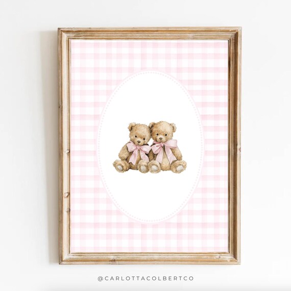 Twin Sister Nursery Art Pink Decor Teddy Bear Poster Baby Girl Vintage Room Wall Newborn