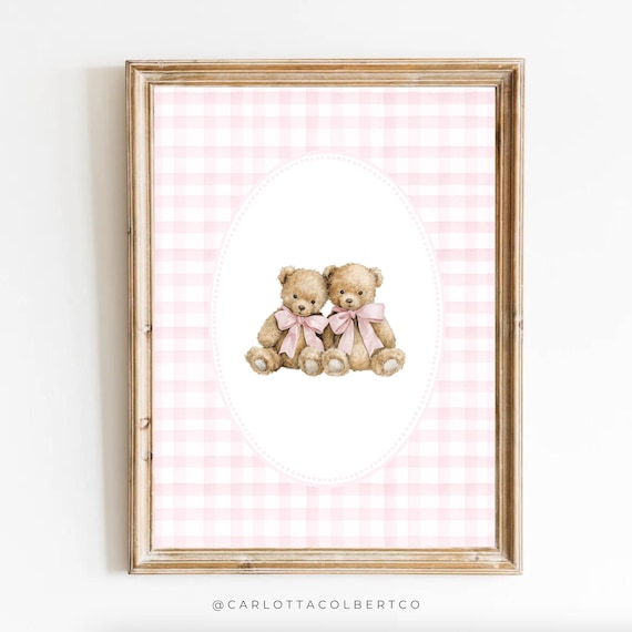 Vintage Twin Sister Teddy Bears Pink Gingham Newborn Nursery Poster