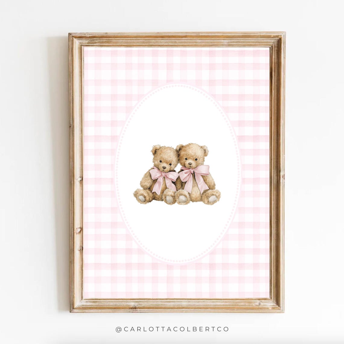 Vintage Twin Sister Teddy Bears Pink Gingham Newborn Nursery Poster