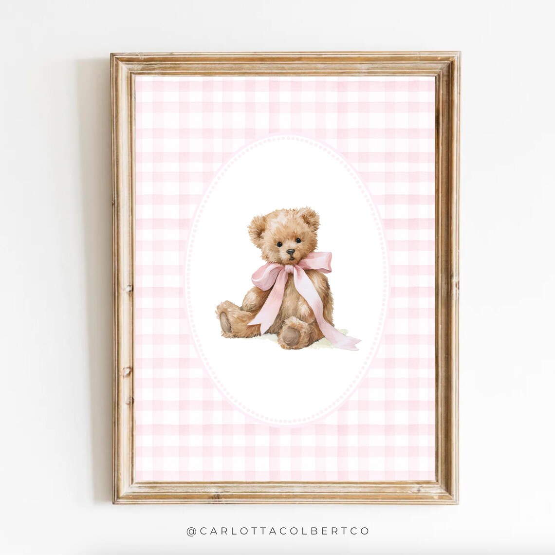Bear Pink Nursery Art Gingham Vintage Room Decor Teddy Poster Girl