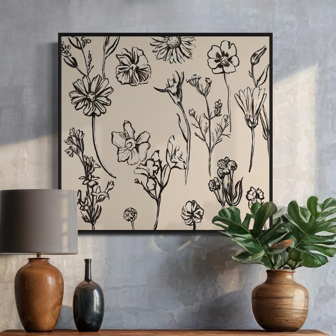 Taupe Botanical Sketch Poster Black Floral Line Art Illustration