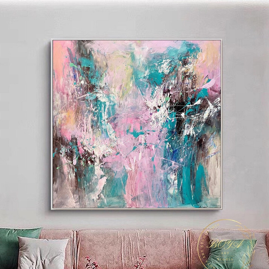 Pink Teal and White Splash Energetic Abstract Painting Poster