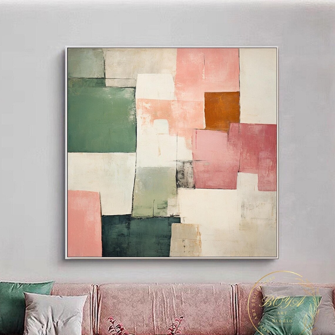 Abstract Geometric Color Block Painting in Pink and Green Poster