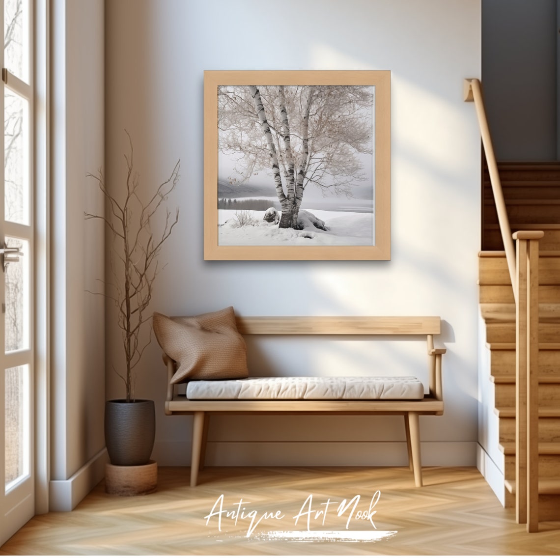 Birch Tree In Winter Landscape Print Landscape Wall Art Forest Painting White Birch Lone Tree Decor - Image 2