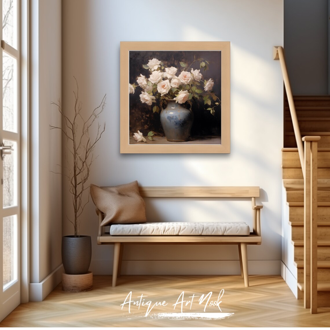 White Roses In Blue Vase Oil Painting Antique Flowers Print Vintage Still Life Painting Antique Wall Art - Image 3