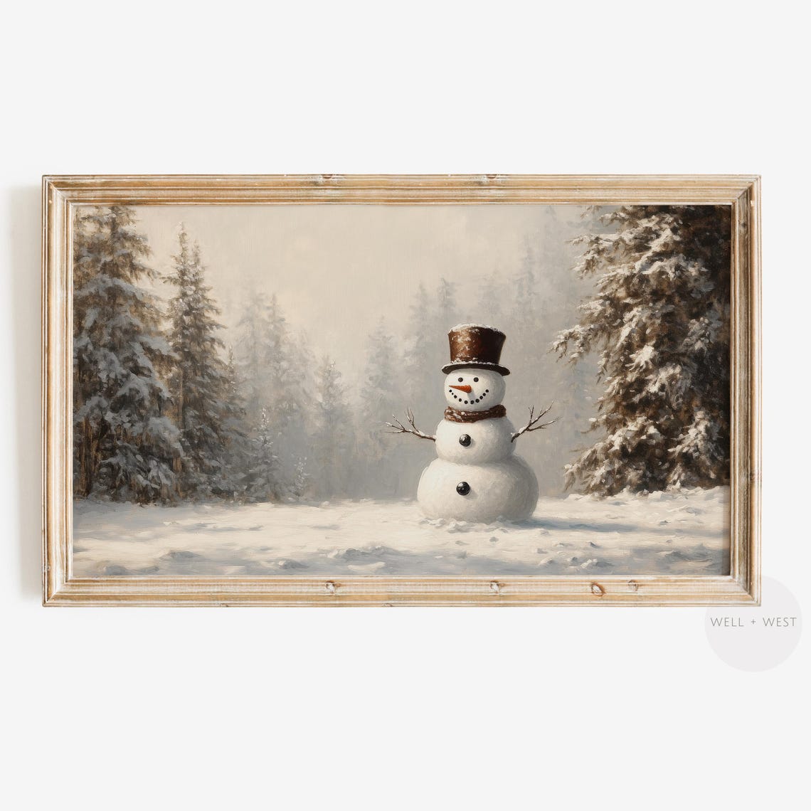 Vintage Snowman Snowy Pine Forest Winter Wonderland Wall Art