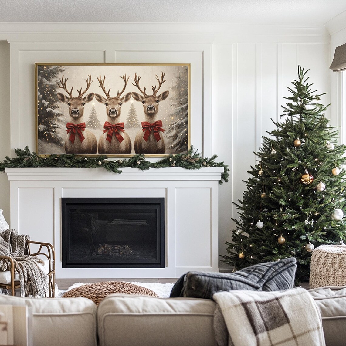 Moody Christmas Reindeer In Red Bows Art Print - Image 3