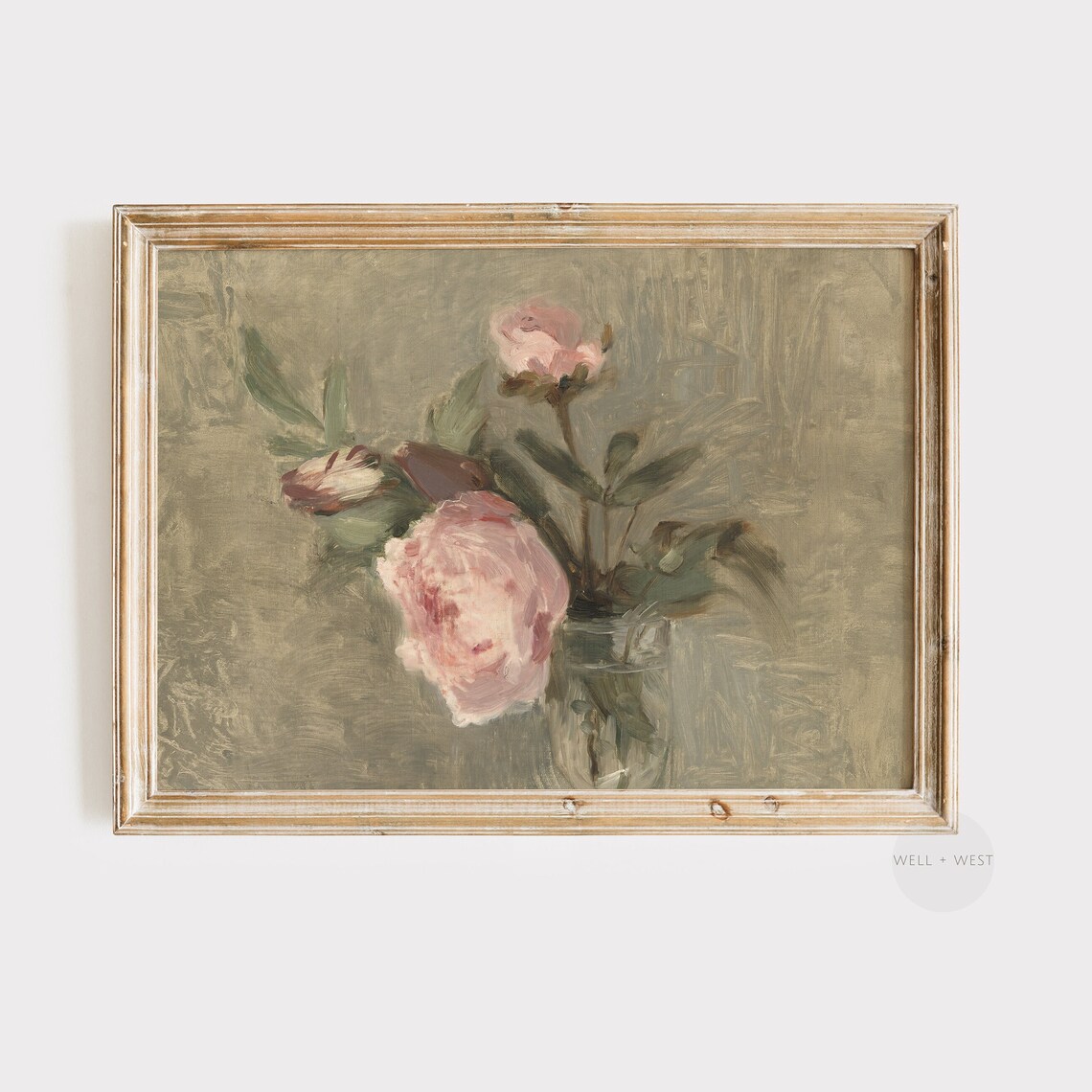 Vintage Pink Peony Flower Art Print, Pastel Botanical