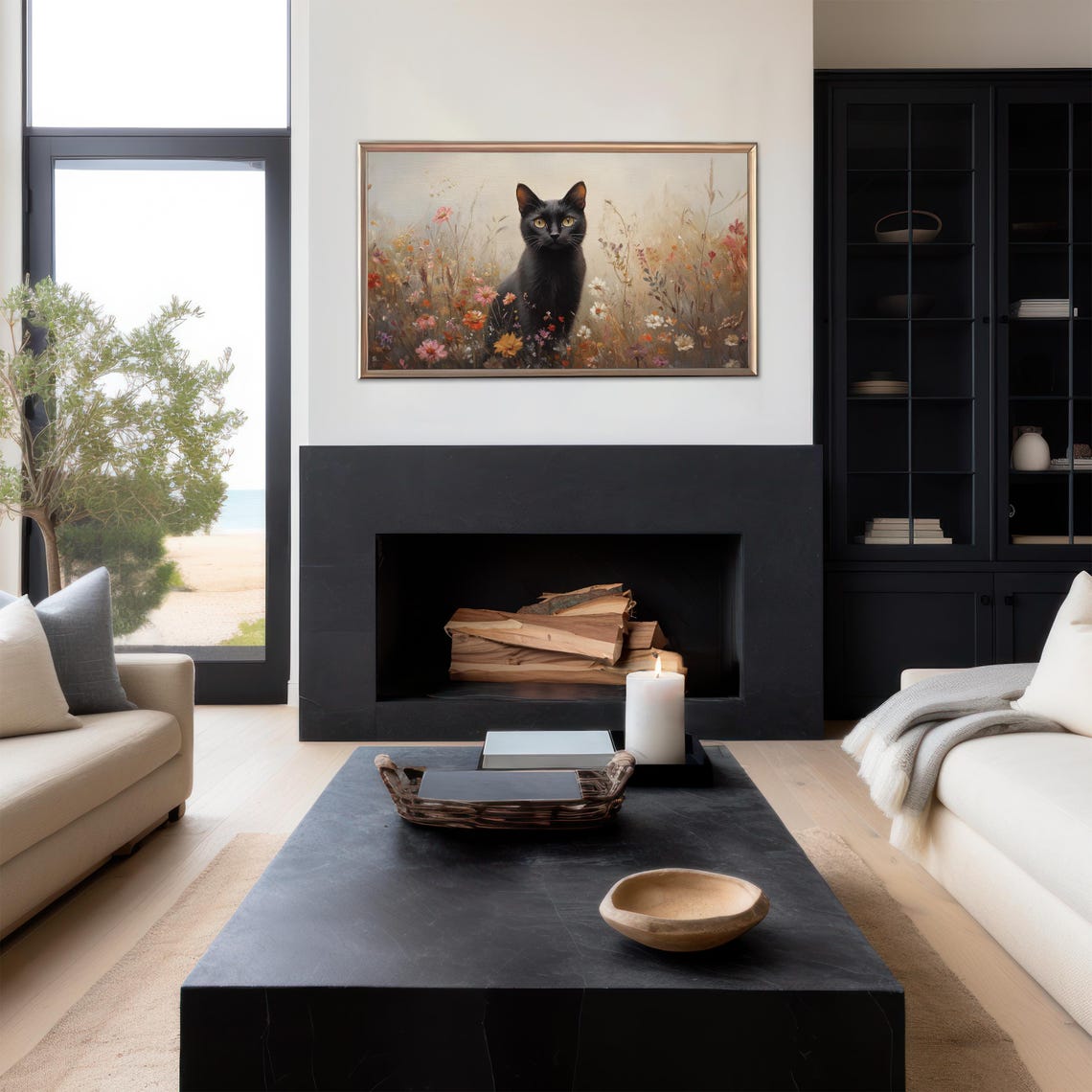 Fall Frame Tv Art Black Cat Oil Painting Autumn Wildflower Landscape Tv Art Vintage Style Thanksgiving Art Halloween Tv Art Tv332 - Image 2