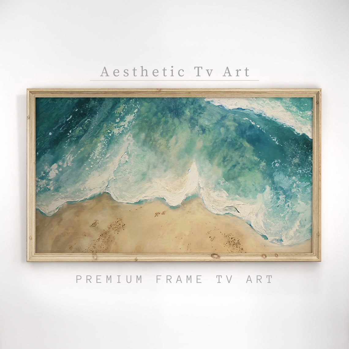 Aerial Turquoise Beach Waves White Foam Soft Toned Ocean Poster - Image 2