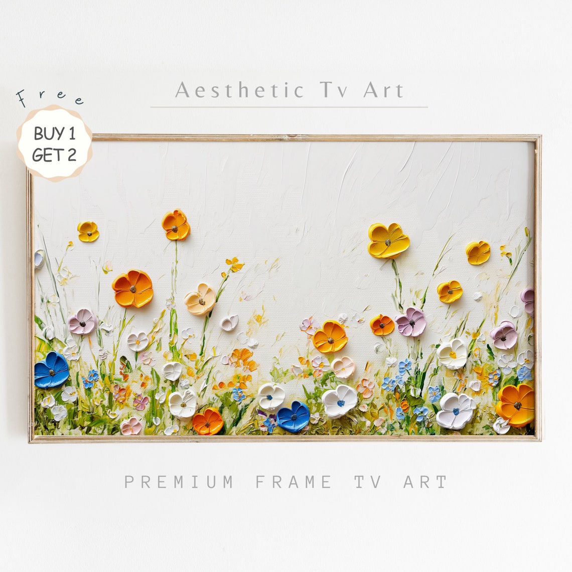 Impasto Colorful Wildflowers White Canvas Textured Art Poster