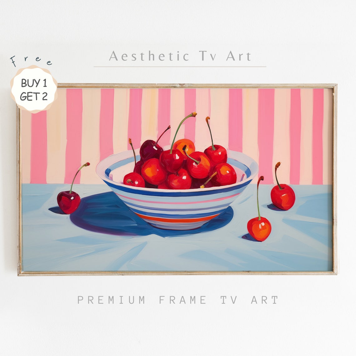 Red Cherries Bowl Still Life Bold Pink Stripes Retro Kitchen Poster