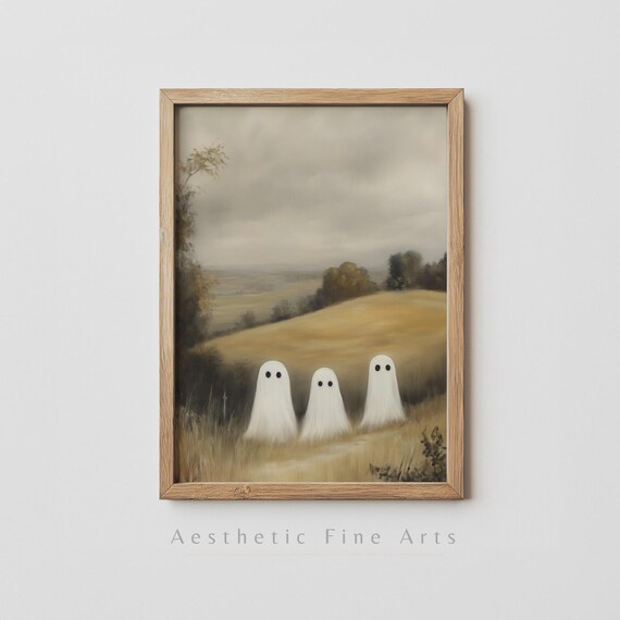 Three Cute Ghosts In Golden Rolling Hills Minimalist Halloween Poster