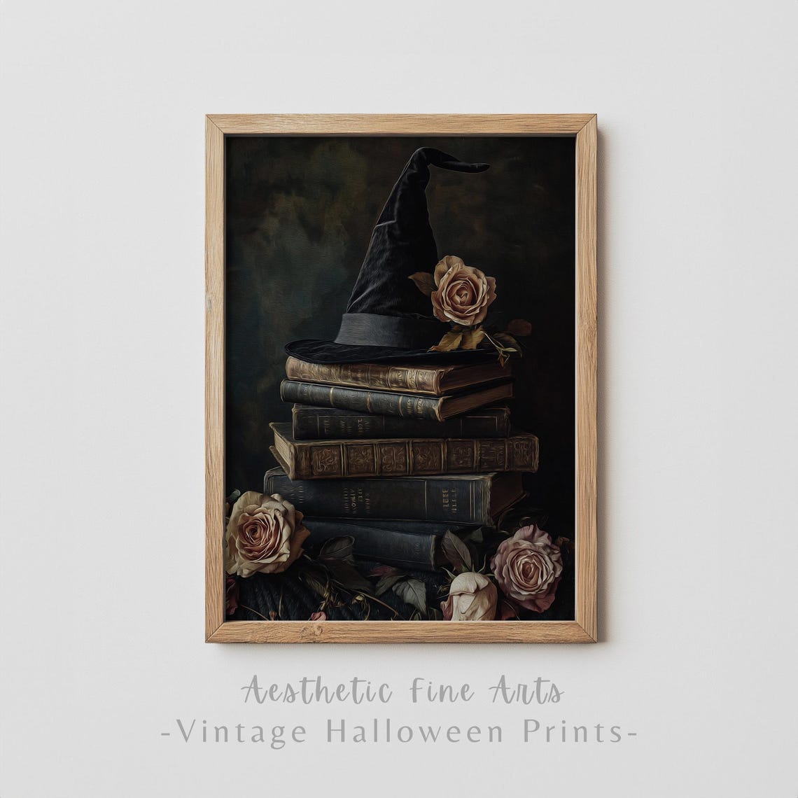 Witch Hat On Stack Of Antique Books With Roses Dark Halloween Poster