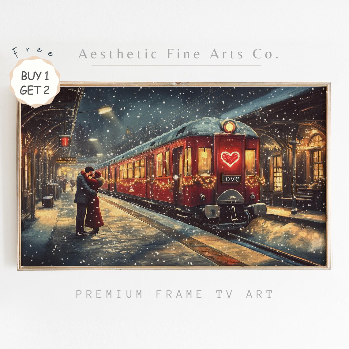 Romantic Couple At Snowy Train Station With Love Train Art Poster - Image 3