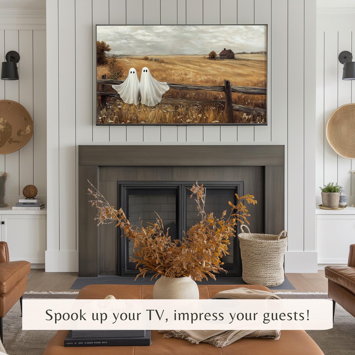 Two Ghosts by Farm Fence Golden Prairie Farmhouse Halloween TV Art - Image 3