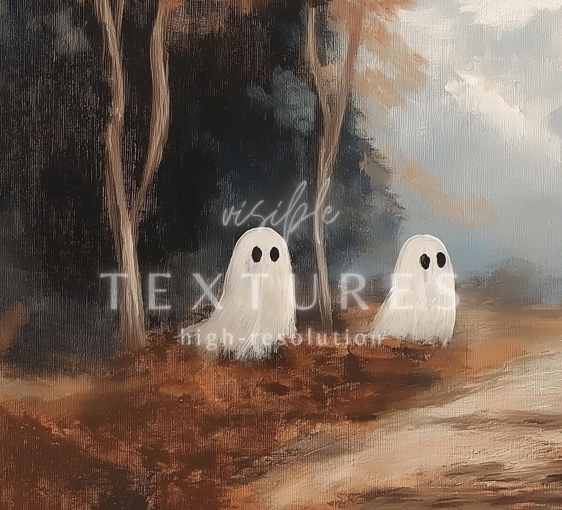 Four Ghosts on Autumn Forest Path Vintage Spooky Halloween TV Art - Image 2