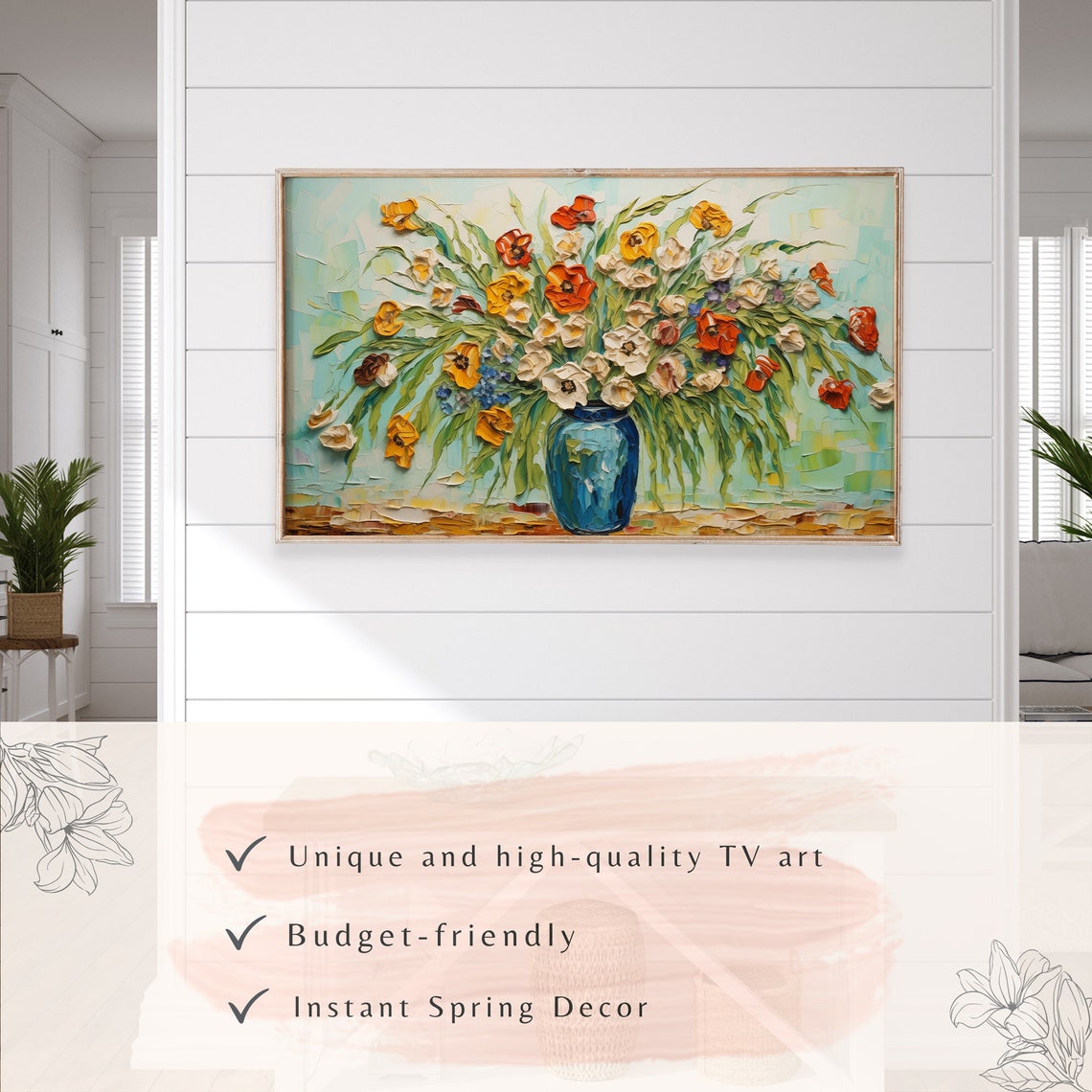Flower Bouquet Blue Vase Textured Impasto Still Life Art Poster - Image 2