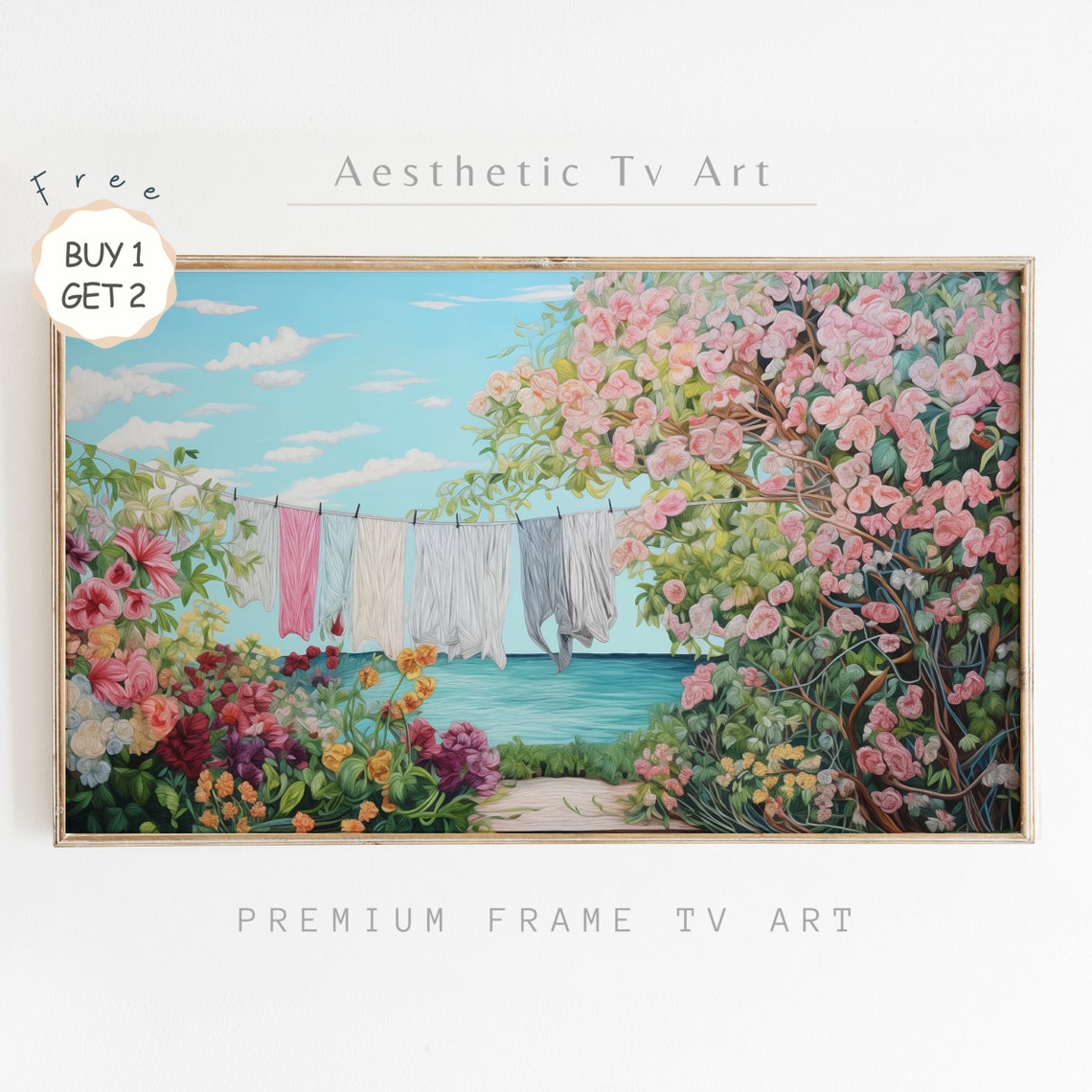 Garden Clothesline Laundry Sea View Cottagecore Summer Scene Poster