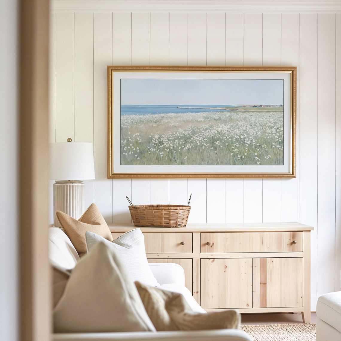 Coastal Wildflower Meadow Blue Sea Pier Distant Beach Houses Poster - Image 2