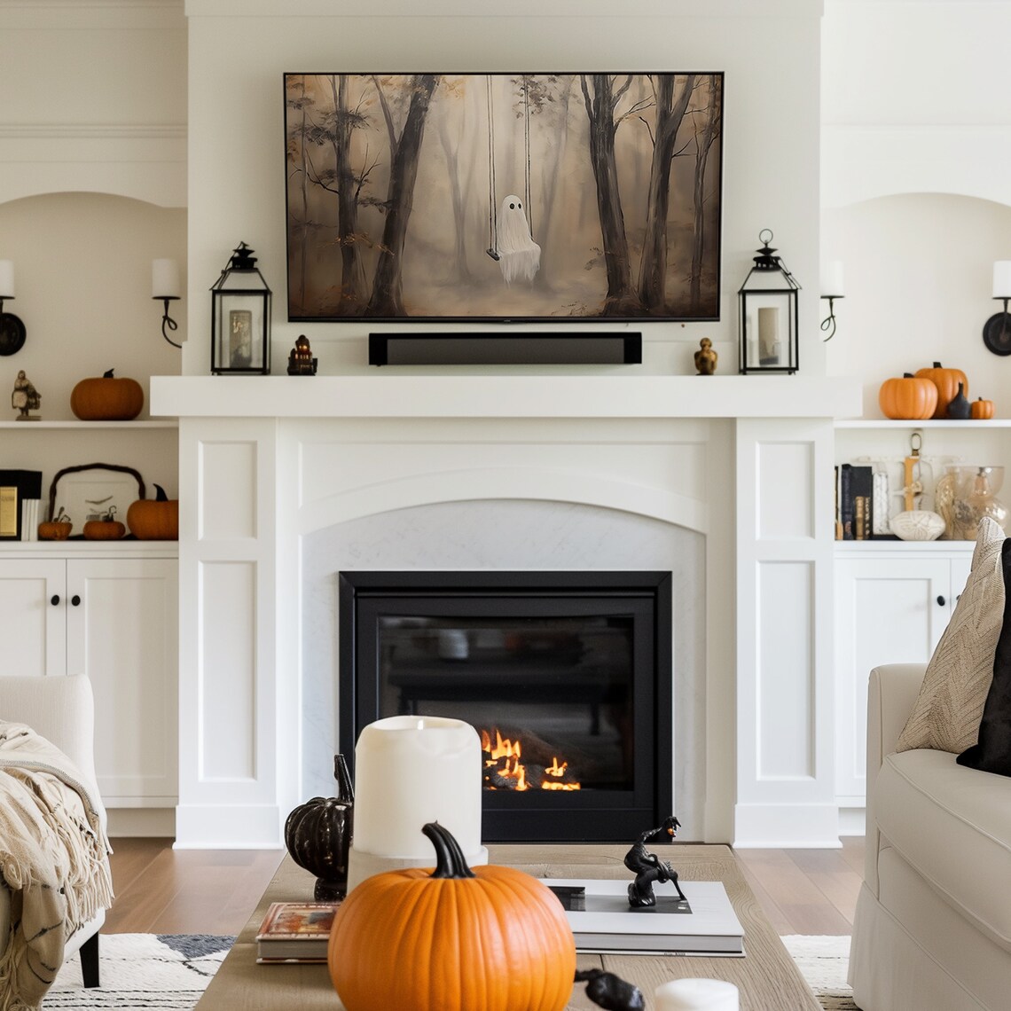 Cute Ghost on Swing Misty Forest Neutral Spooky Halloween Wall Art - Image 2
