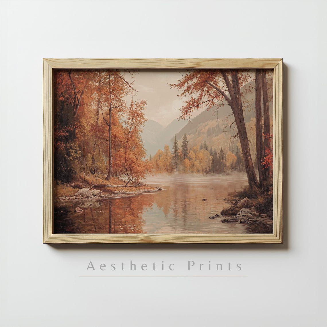 Serene Autumn Lake With Orange Trees And Misty Mountains Art Poster