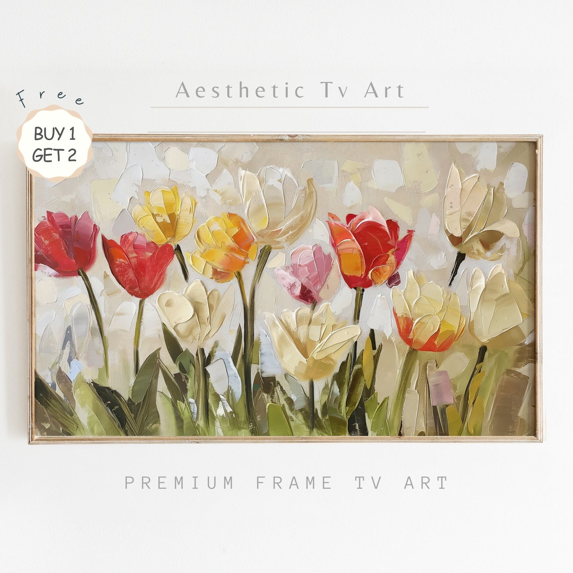 Colorful Tulips Red Yellow Cream Palette Knife Oil Painting Art