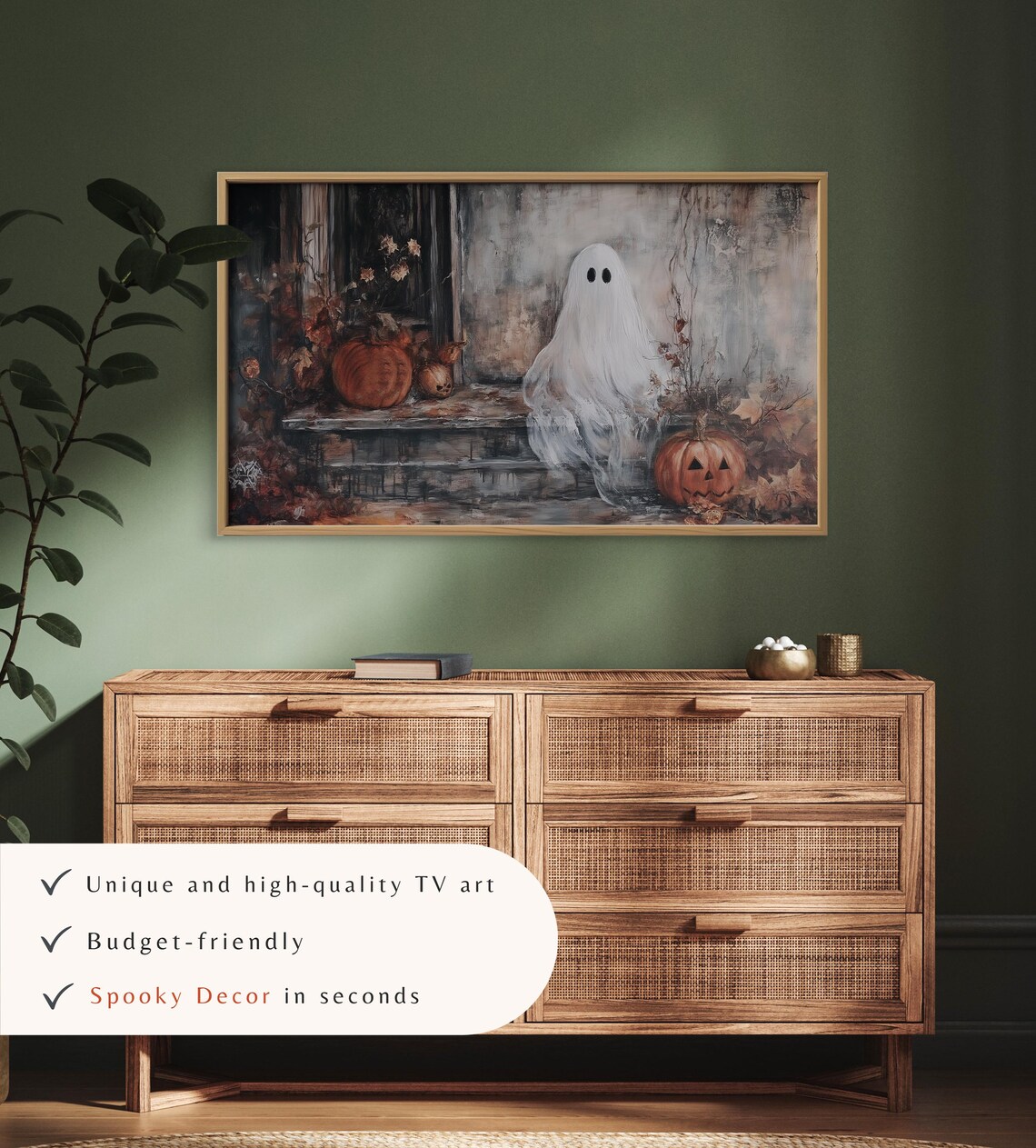 Ghost on Rustic Doorstep with Pumpkins Halloween Porch TV Art - Image 3