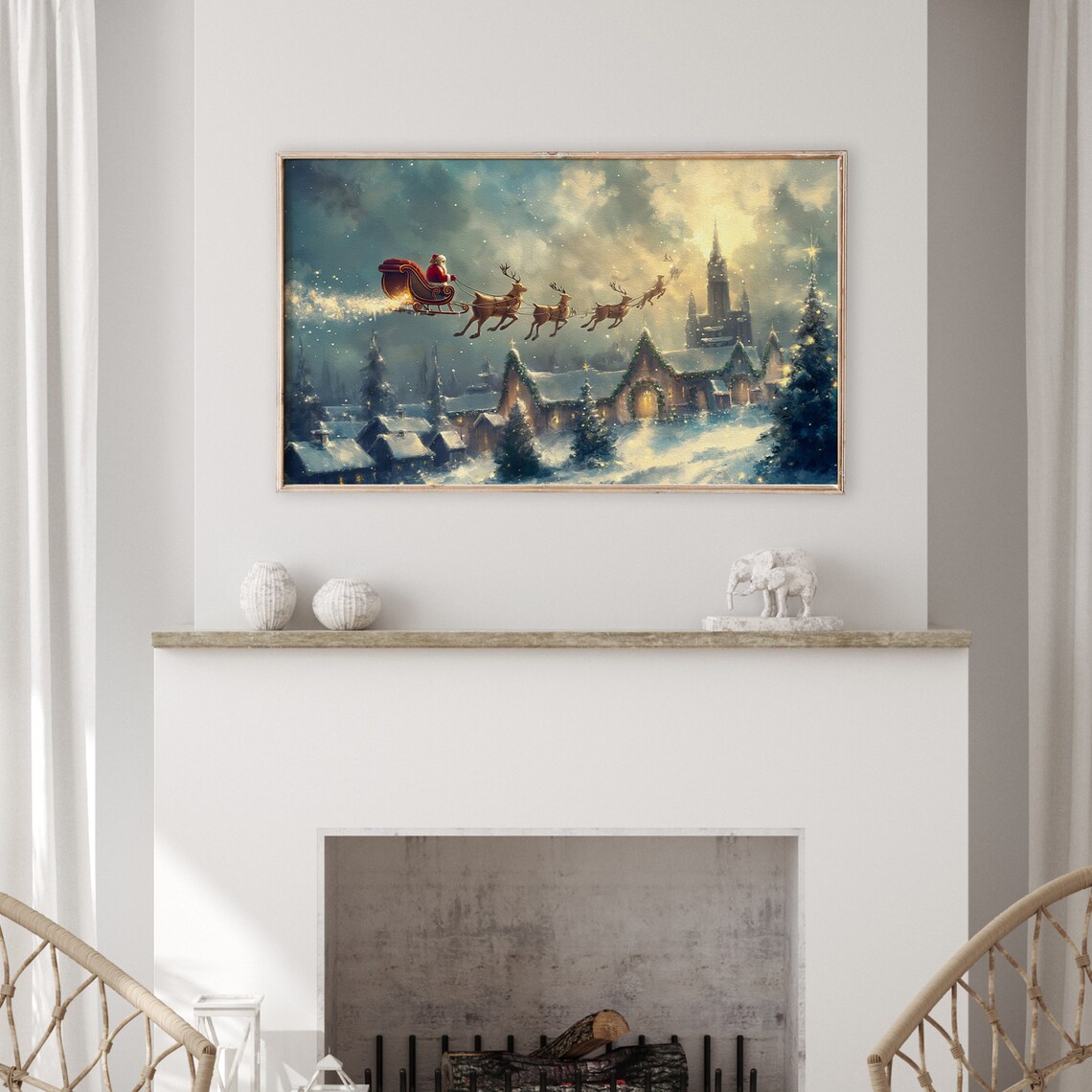 Santa Sleigh Reindeer Flying Over Snowy Village Golden Sky Poster - Image 3
