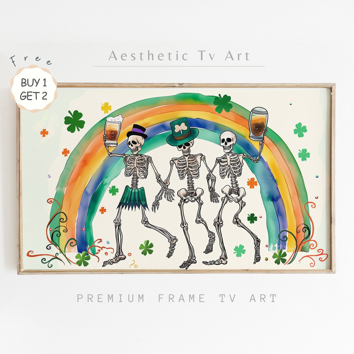 Funny Dancing Skeletons Rainbow Beer St Patricks Day Art Poster