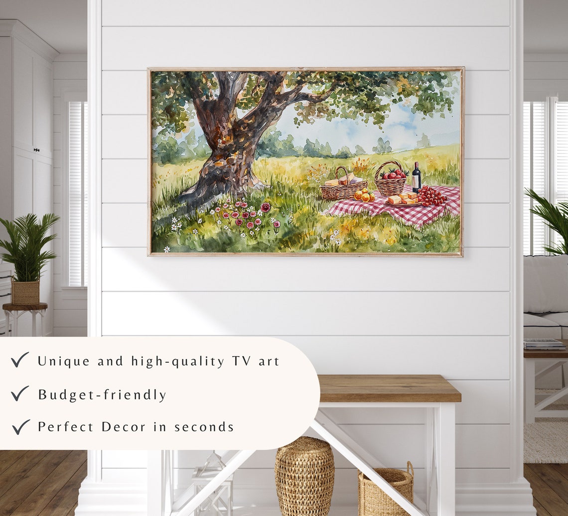 Summer Picnic Under Old Tree Watercolor Checkered Blanket Meadow Print - Image 3