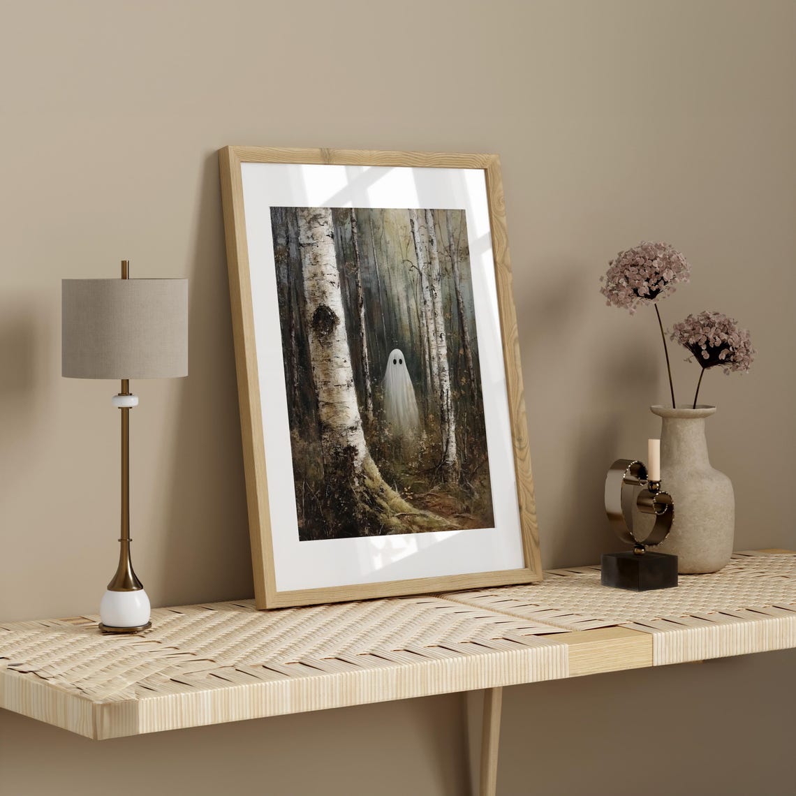 Cute Ghost Among Misty Birch Trees In Autumn Forest Halloween Poster - Image 3