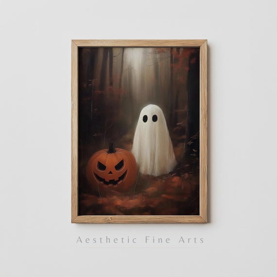 Vintage Cute Ghost Halloween Wall Art Spooky Halloween Decor Cute Ghost With Pumpkin Painting Halloween Art