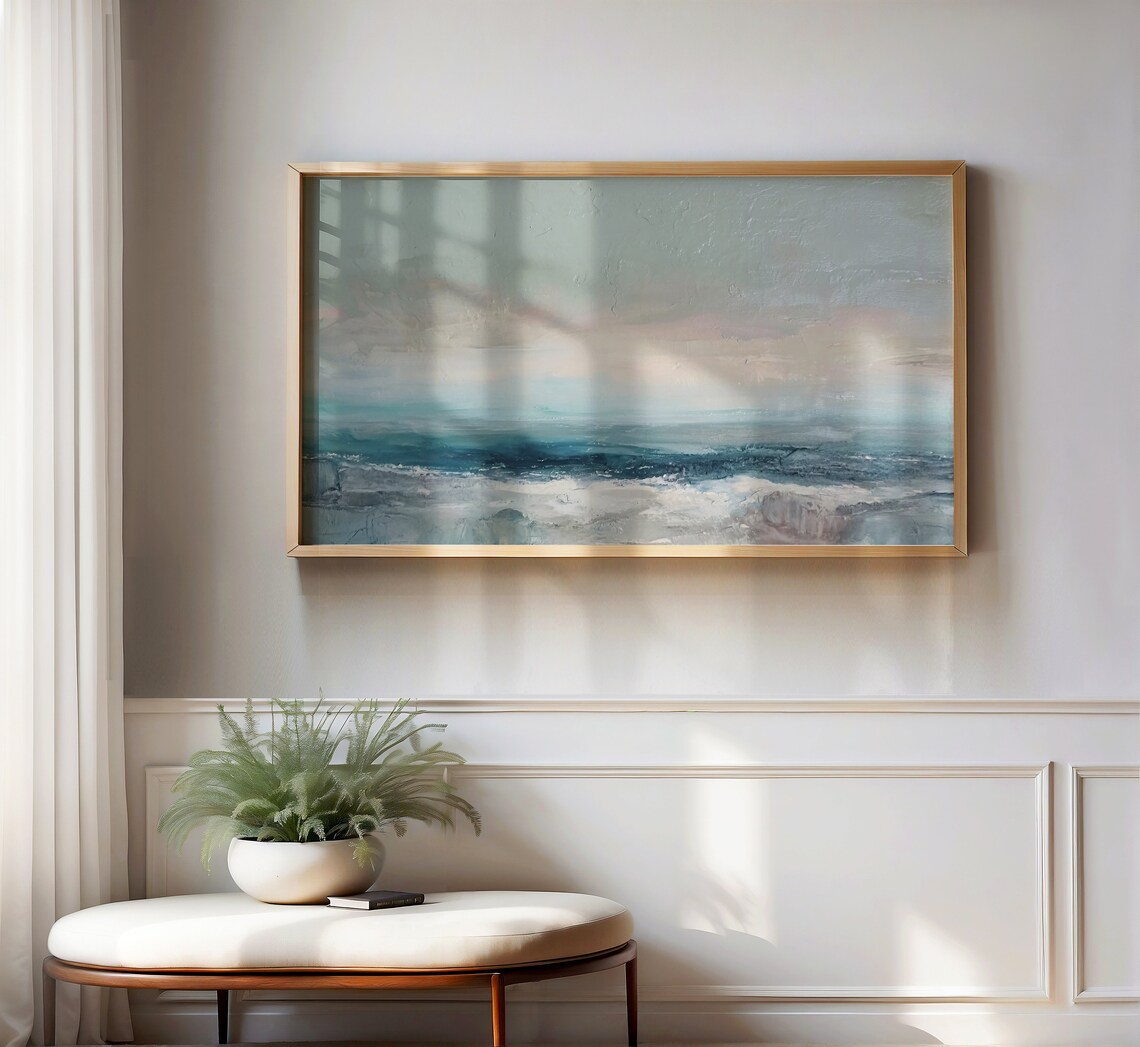 Abstract Seascape Muted Teal Horizon Calm Coastal Oil Painting Art - Image 2